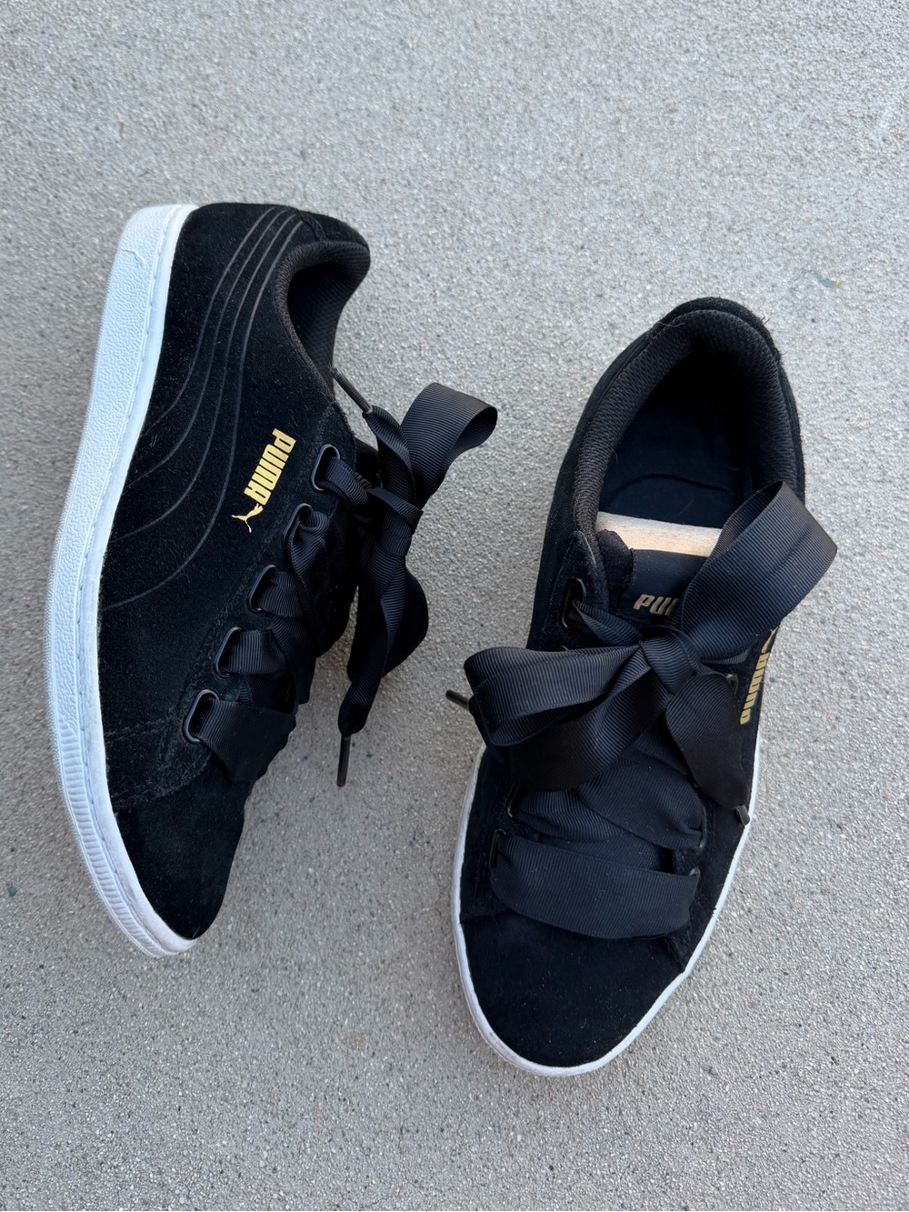 Puma Black Suede Sneakers with White Sole and Gold Logo